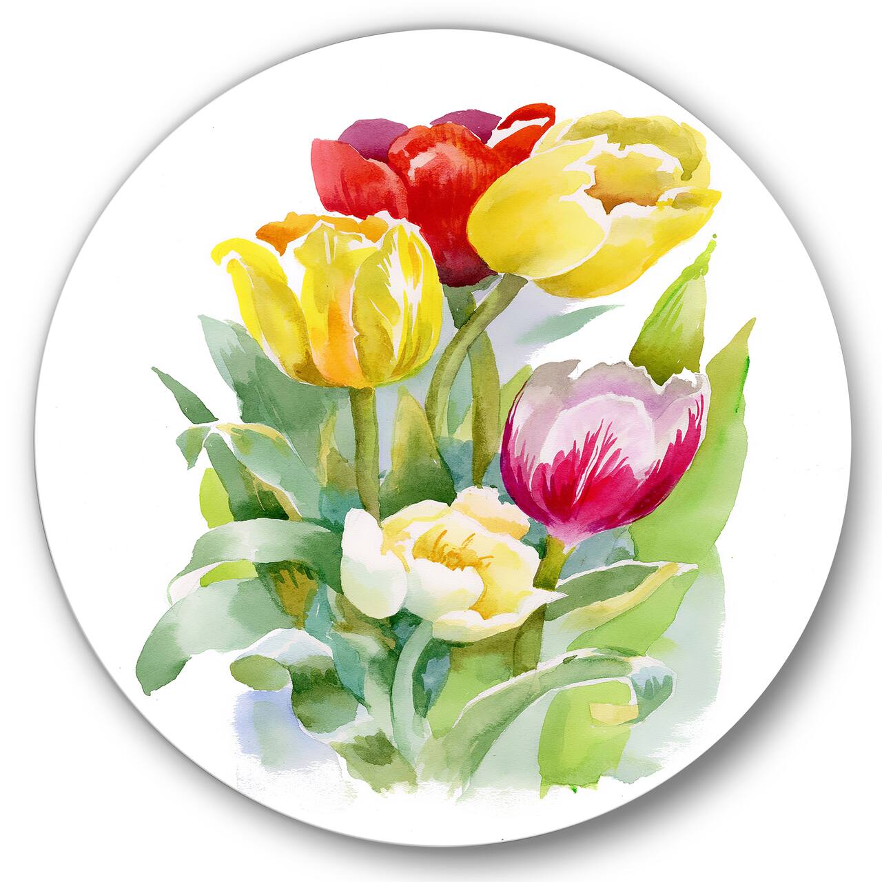 Designart - Bouquet of White and Red Tulips - Traditional Metal Circle Wall Art